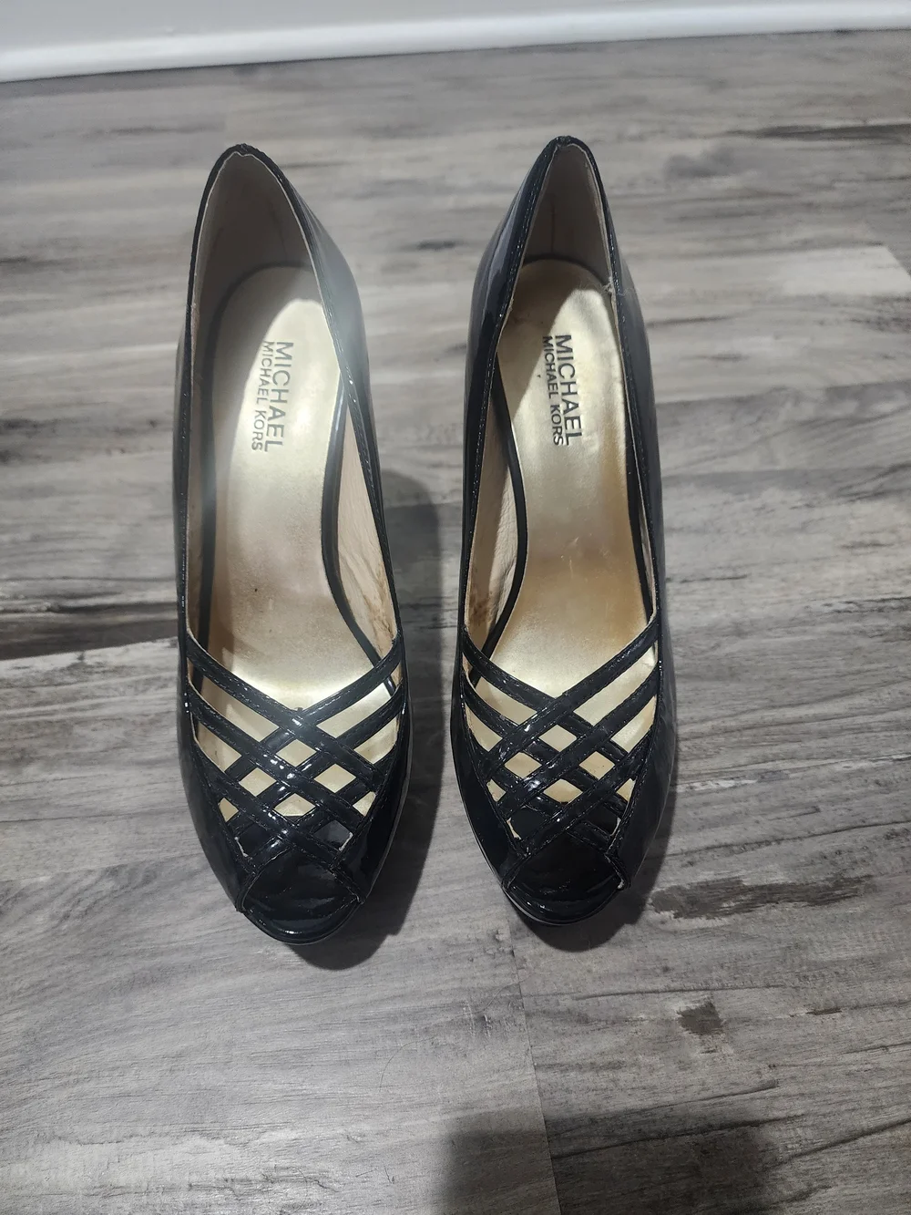 Michael Kors Black Patent Peep-Toe Woven Pumps